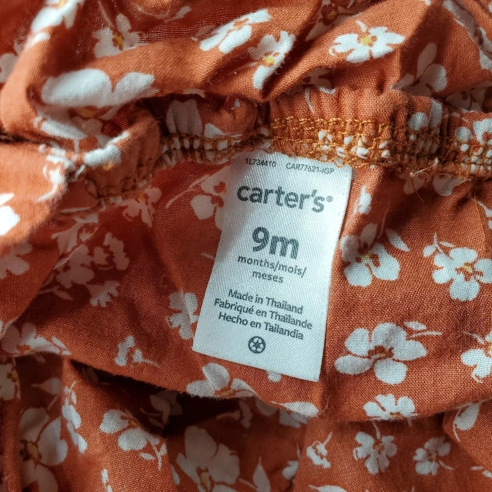 Carter's Baby Girl Rust Brown and White Floral Boho Romper Summer Outfit Size 9m